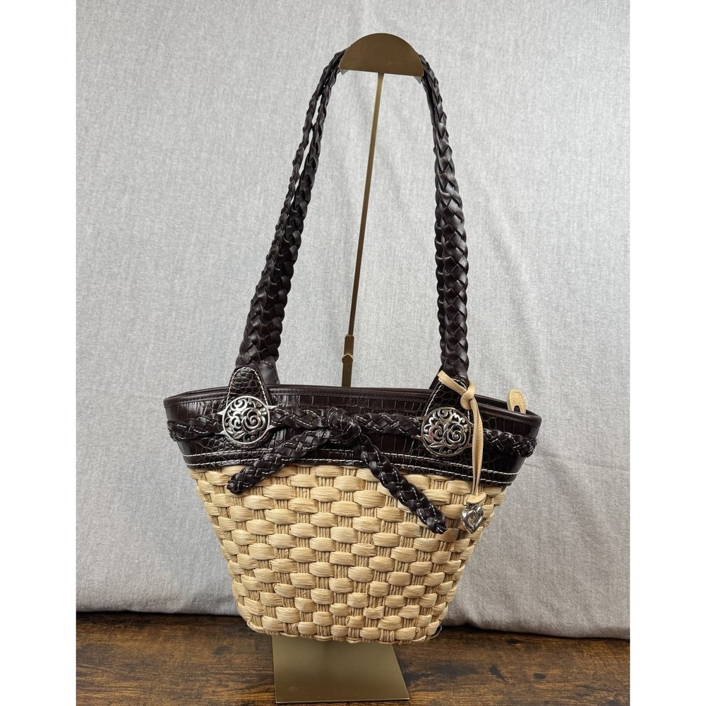 Brighton Candice‎ Straw and Leather Shoulder Bag Heart Charm Rose Double Straps